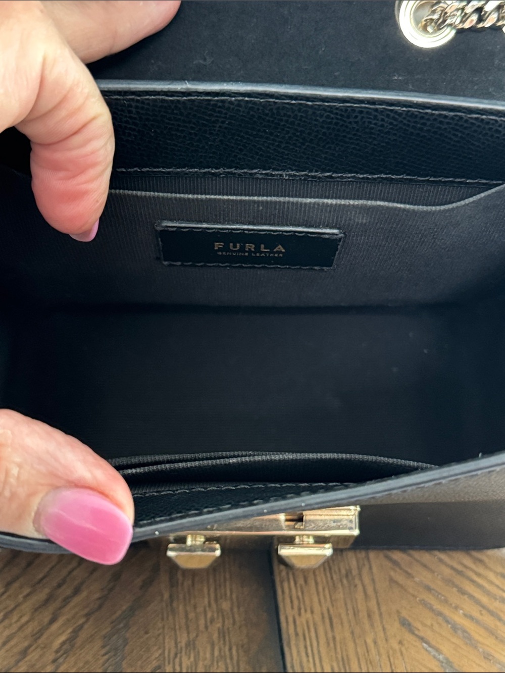 Furla Black Cross Grain Shoulder Bag with Gold Studs & Strap - Picture 7 of 9